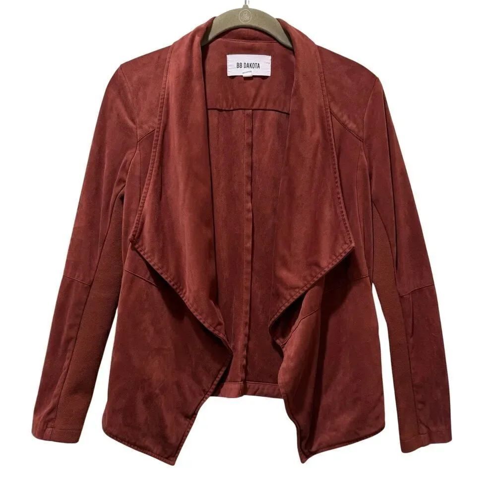 BB Dakota Women's Jacket SZ S Burgundy Faux Suede Open Front Waterfall NWOT